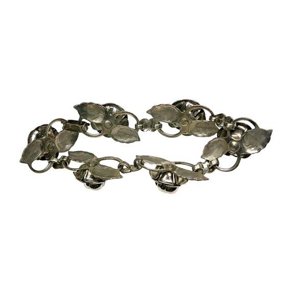 Vintage Mid-Century Rhinestone Rose Bracelet Silver Tone Floral Link Jewelry - Picture 5 of 6